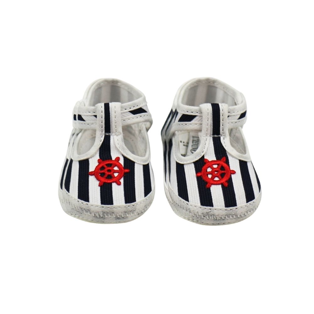 Il Trenino Baby Shoes Navy & White Stripes With Red Ship Wheel Detail 6-12 months