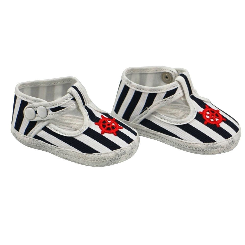 Il Trenino Baby Shoes Navy & White Stripes With Red Ship Wheel Detail 6-12 months