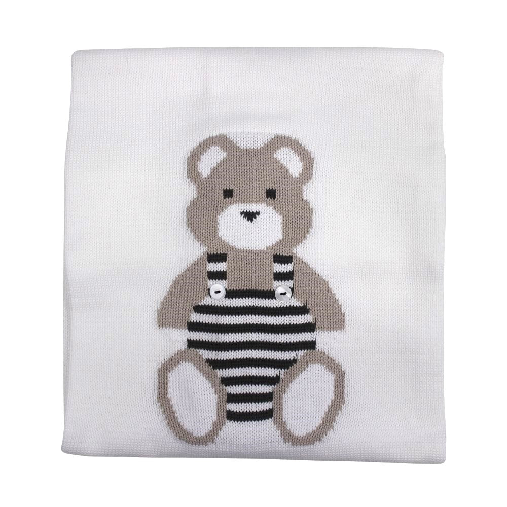 Little Bear Blanket With Bear & Stripes 100% Cotton White